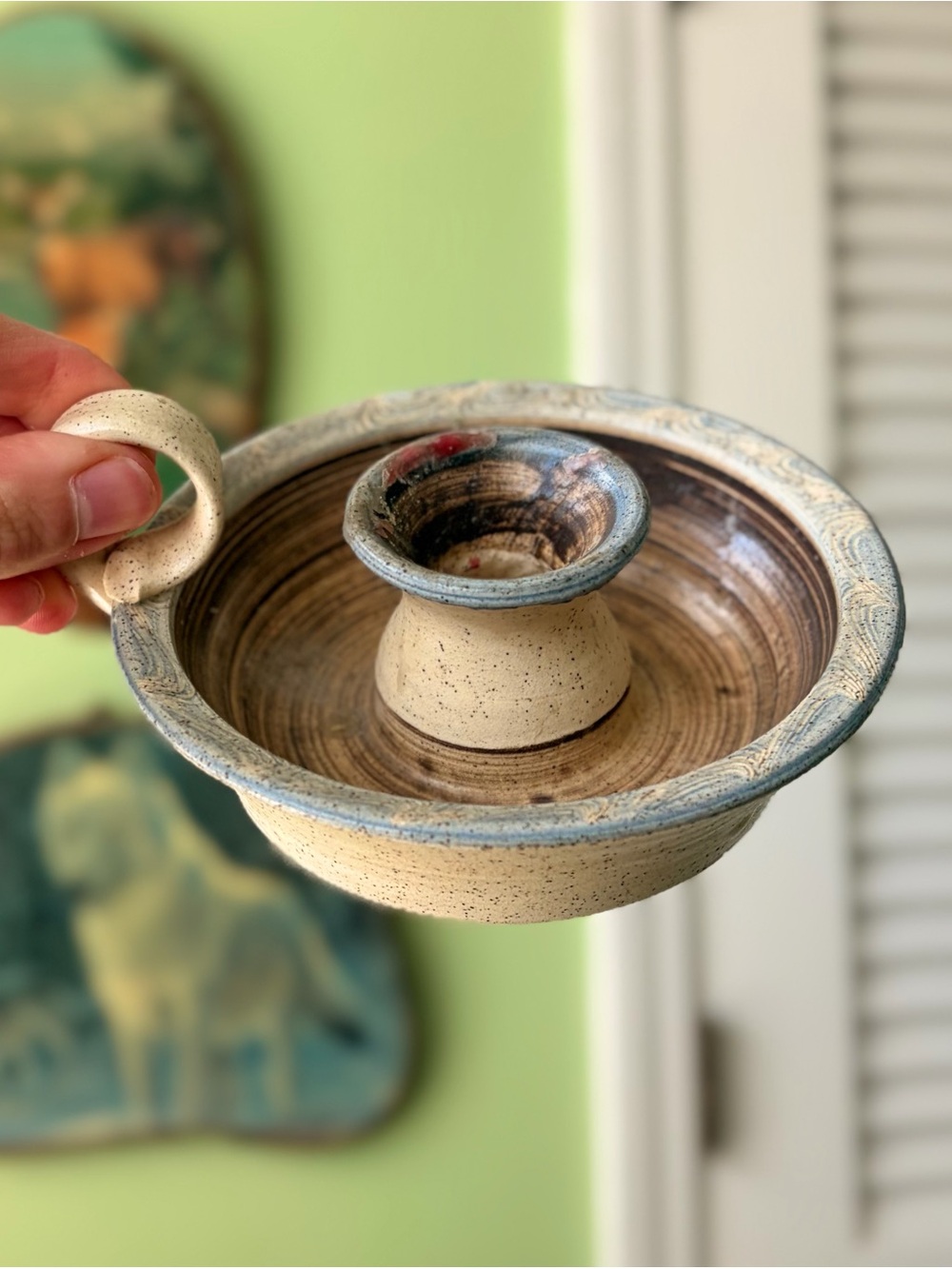 Handmade Ceramic Taper Chamber Style Candle Holder in Cream and Blue